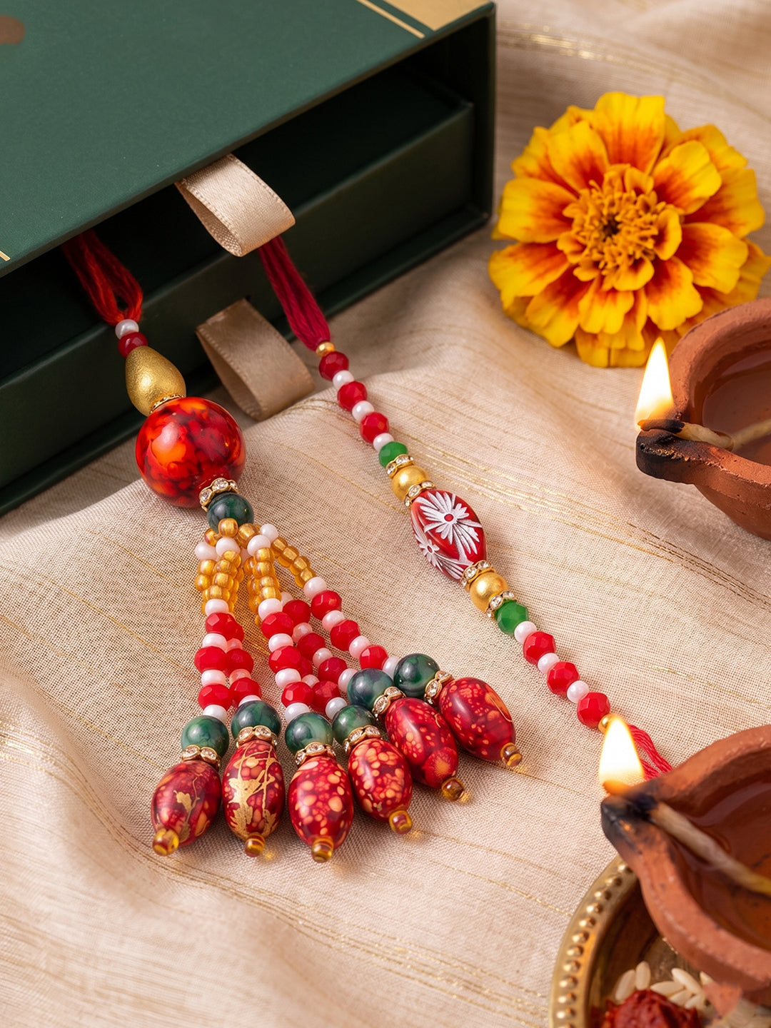 NVR Set of 2 Designer Red Artificial Beads Bhaiya Bhabhi Rakhi with Roli Chawal Chandan