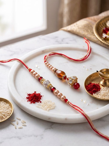 NVR Set of 2 Multicolor Artificial Stones & Beads Bhaiya Bhabhi Rakhi With Roli Chawal