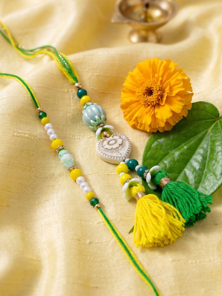 NVR Set of 2 Green & Yellow Beaded Heart Shape Bhaiya Bhabhi Rakhi with Roli Chawal