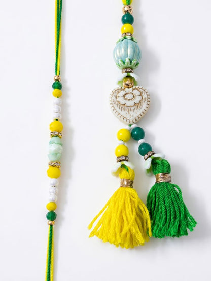 NVR Set of 2 Green & Yellow Beaded Heart Shape Bhaiya Bhabhi Rakhi with Roli Chawal