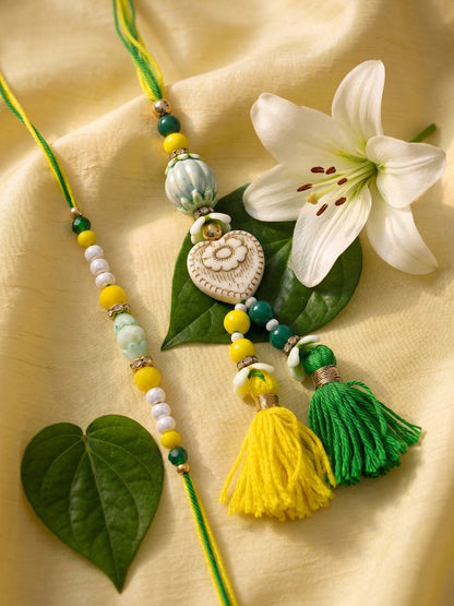 NVR Set of 2 Green & Yellow Beaded Heart Shape Bhaiya Bhabhi Rakhi with Roli Chawal