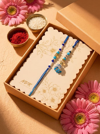 NVR Set of 2 Blue Artificial Beads Jhumka Design Bhaiya Bhabhi Rakhi with Roli Chawal