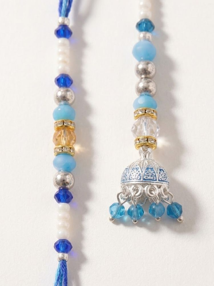 NVR Set of 2 Blue Artificial Beads Jhumka Design Bhaiya Bhabhi Rakhi with Roli Chawal