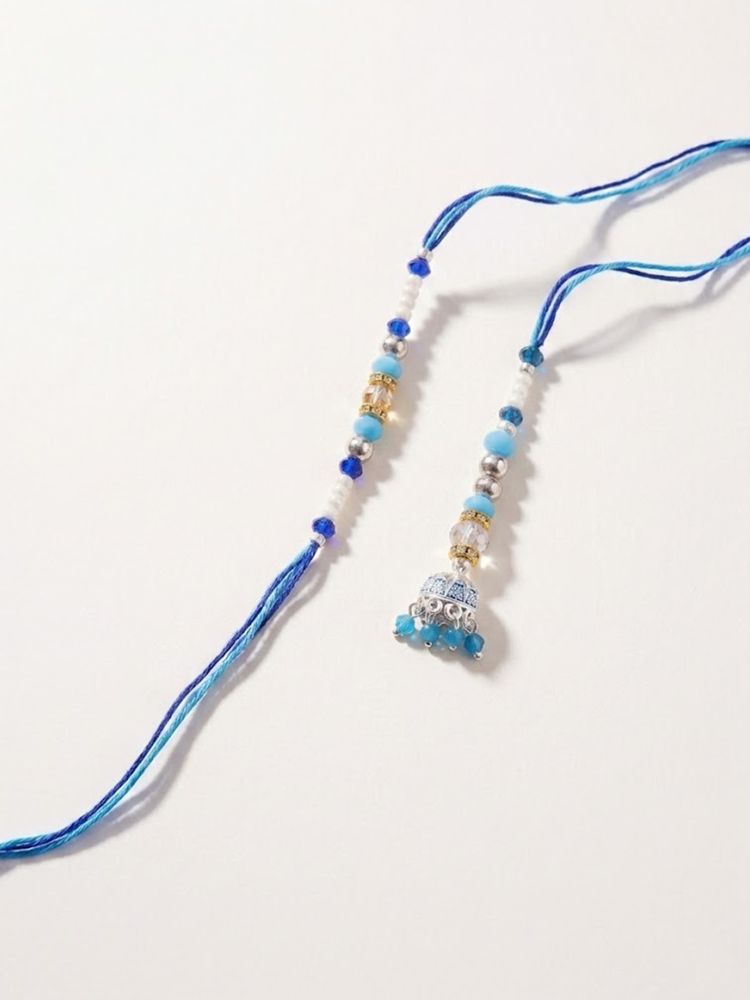 NVR Set of 2 Blue Artificial Beads Jhumka Design Bhaiya Bhabhi Rakhi with Roli Chawal