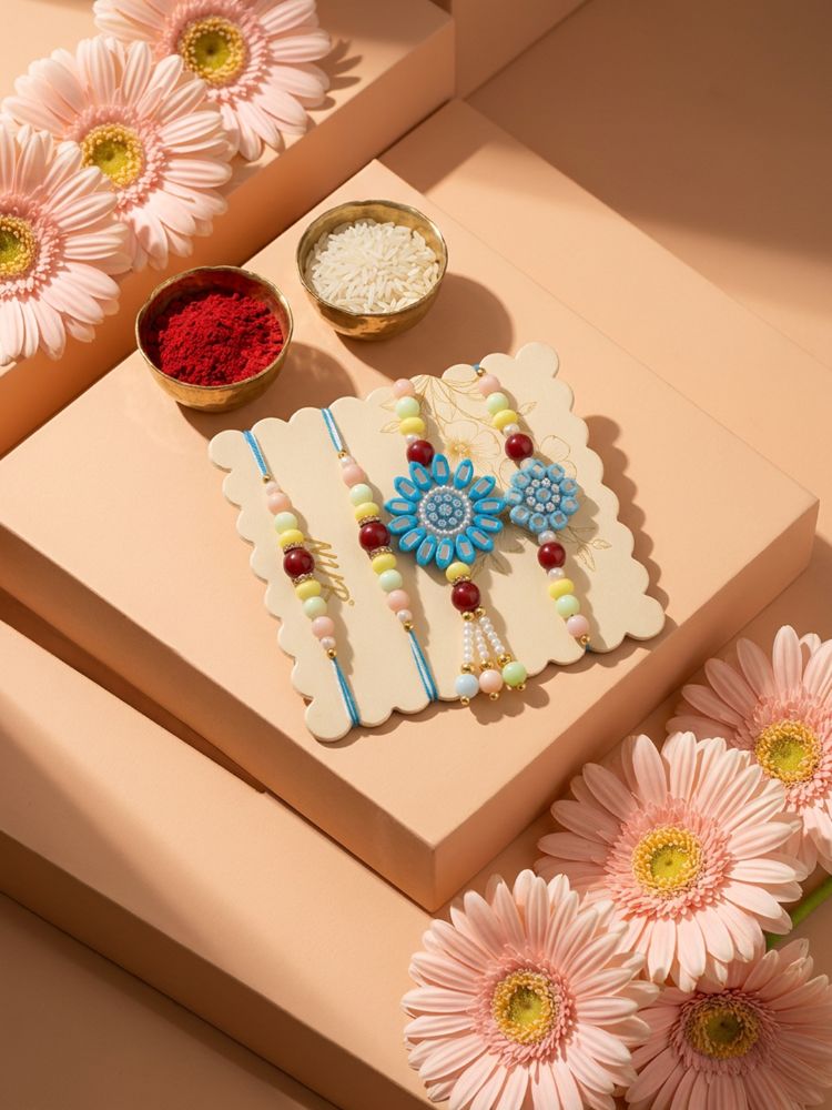 NVR Set of 4 Family Pack Beaded Thread Rakhi with Roli Chawal Chandan Mishri