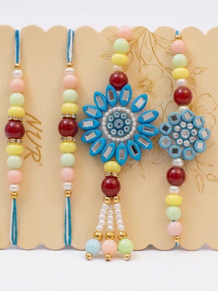 NVR Set of 4 Family Pack Beaded Thread Rakhi with Roli Chawal Chandan Mishri