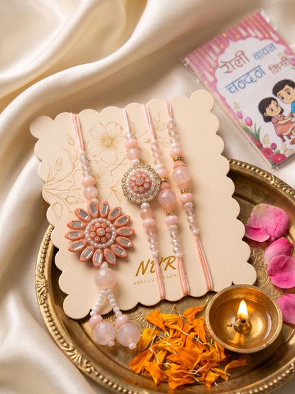 NVR Set of 4 Beaded Family Pack Thread Rakhi with Roli Chawal Chandan Mishri