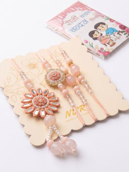 NVR Set of 4 Beaded Family Pack Thread Rakhi with Roli Chawal Chandan Mishri