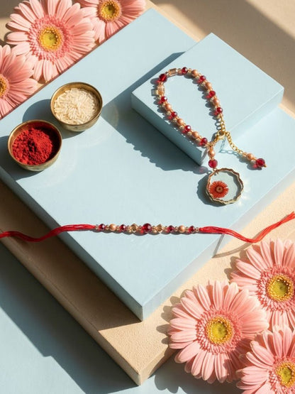 NVR Set of 2 Gold Toned Red Artificial Beads Bhaiya Bhabhi Rakhi With Roli Chawal Chandan