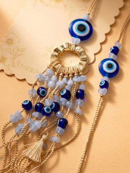 NVR Set of 2 Gold Toned Round Evil Eye Bhaiya Bhabhi Rakhi with Roli Chawal Chandan Mishri