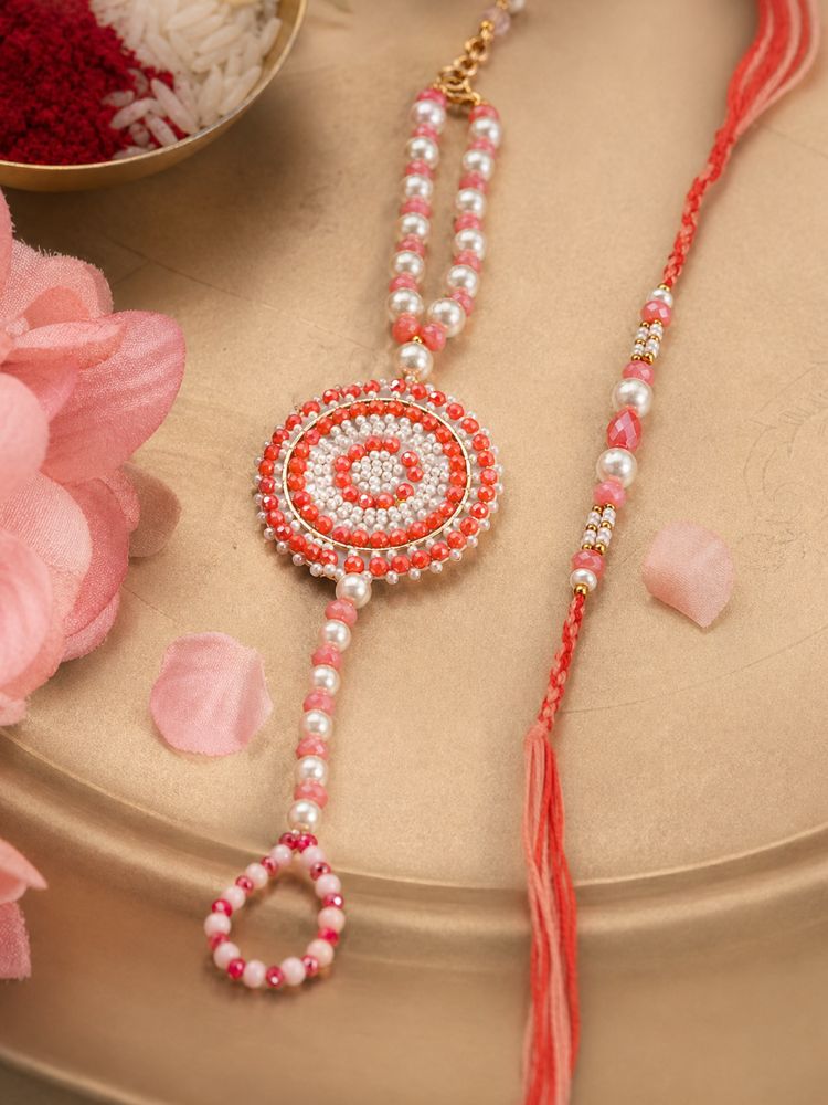 NVR Set of 2 Gold Toned Pearls & Beads Round Shape Bhaiya Bhabhi Rakhi with Roli Chawal