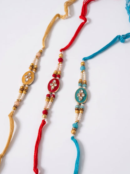 NVR Set of 3 Multicolor Artificial Beads & White Pearls Thread Rakhi with Roli Chawal