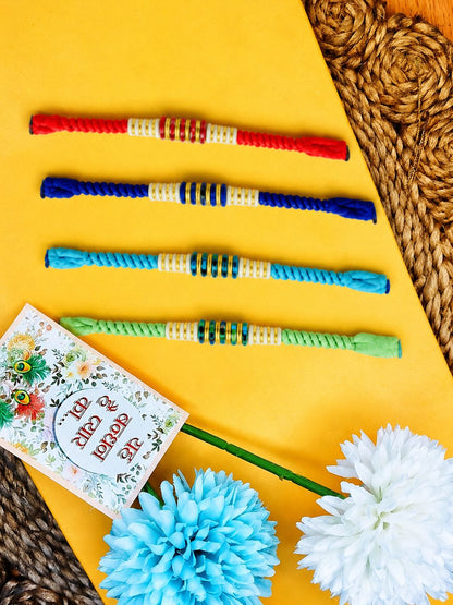 NVR Set of 4 Multicolor Artificial Beads Thread Rakhi with Roli Chawal Chandan Mishri