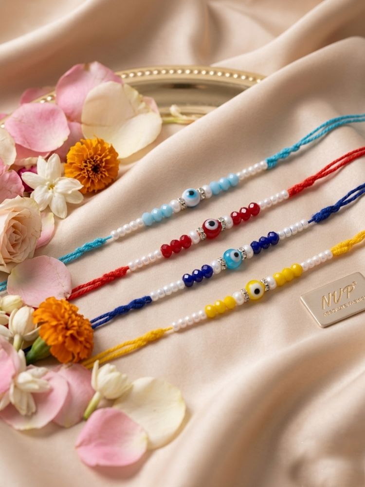 NVR Set of 4 Multicolor Evil Eye Thread Rakhi with Roli Chawal Chandan Mishri