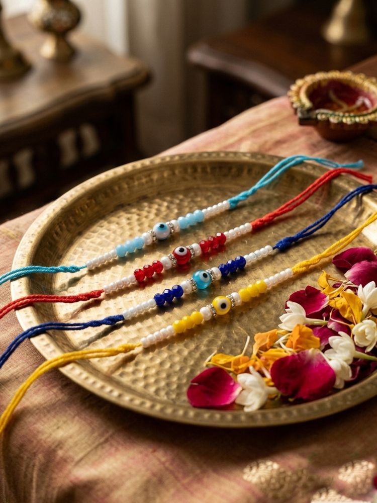 NVR Set of 4 Multicolor Evil Eye Thread Rakhi with Roli Chawal Chandan Mishri