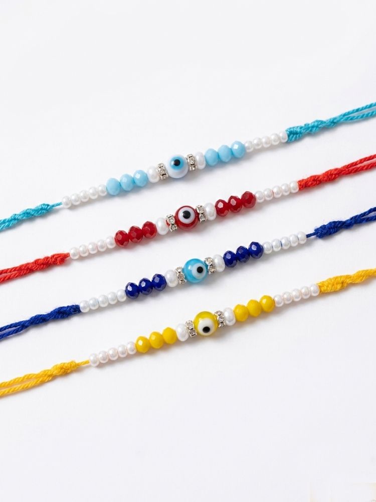 NVR Set of 4 Multicolor Evil Eye Thread Rakhi with Roli Chawal Chandan Mishri