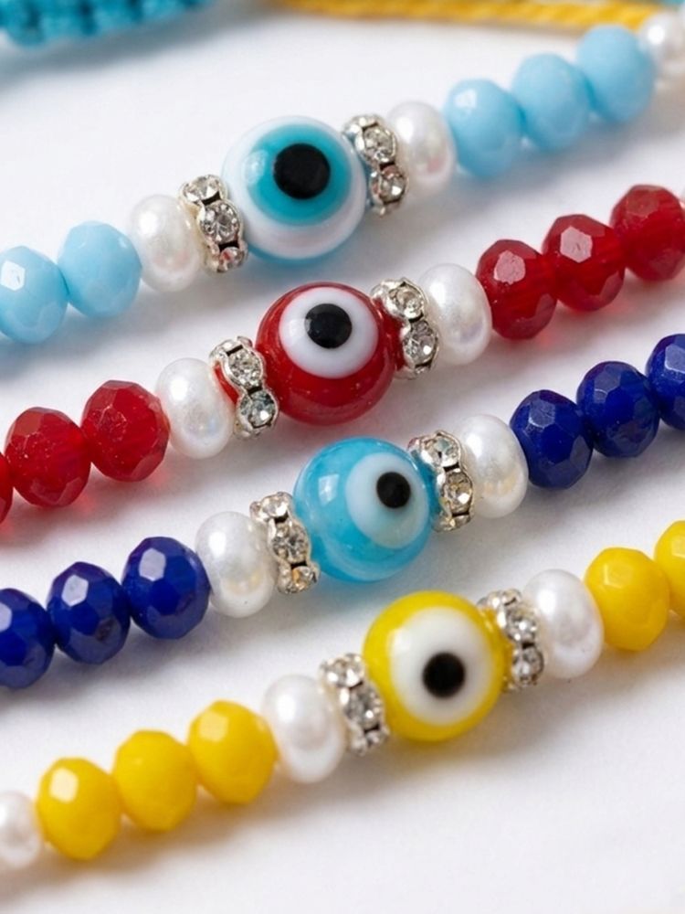 NVR Set of 4 Multicolor Evil Eye Thread Rakhi with Roli Chawal Chandan Mishri