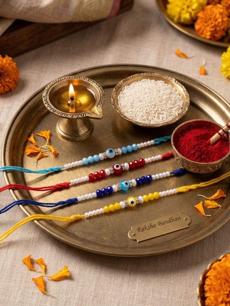 NVR Set of 4 Multicolor Evil Eye Thread Rakhi with Roli Chawal Chandan Mishri