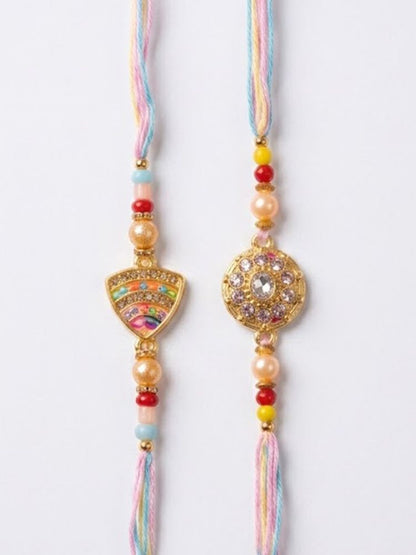 NVR Set of 2 Gold Toned Artificial Stones & Beads Thread Rakhi with Roli Chawal Chandan
