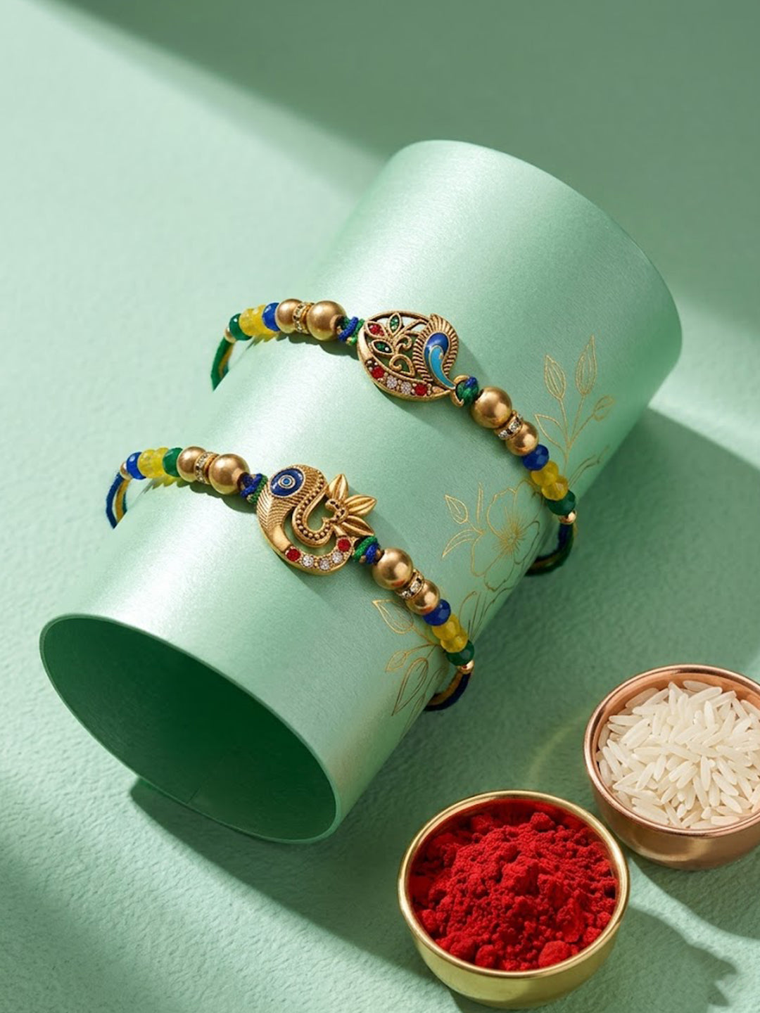 NVR Set of 2 Multicolor Artificial Stones & Beads Thread Rakhi with Roli Chawal Chandan
