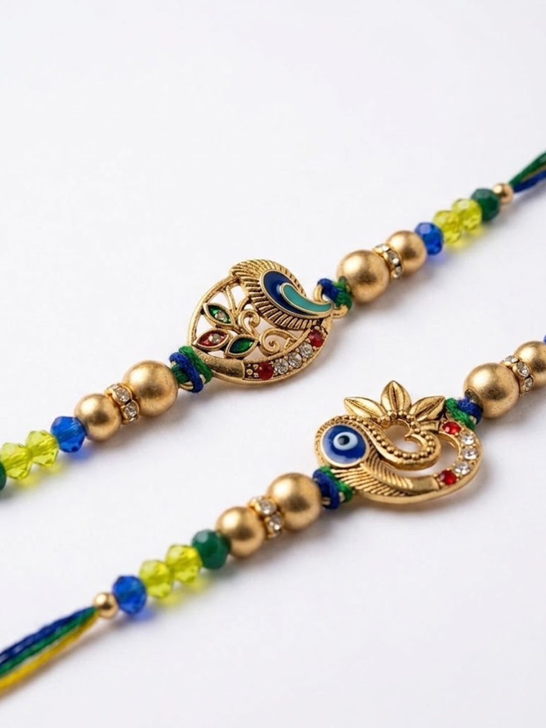 NVR Set of 2 Multicolor Artificial Stones & Beads Thread Rakhi with Roli Chawal Chandan