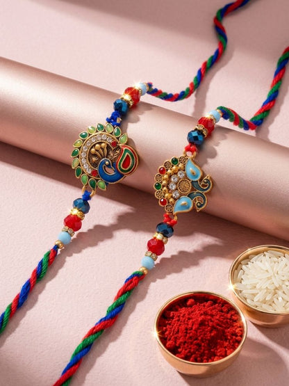 NVR Set of 2 Multicolor Artificial Stones & Beads Thread Rakhi with Roli Chawal Chandan