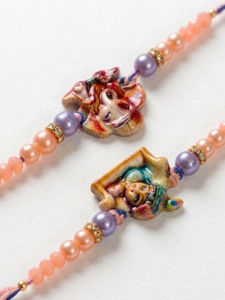 NVR Set of 2 Krishna Ji & Ganesh Ji Beaded Religious Thread Rakhi with Roli Chawal