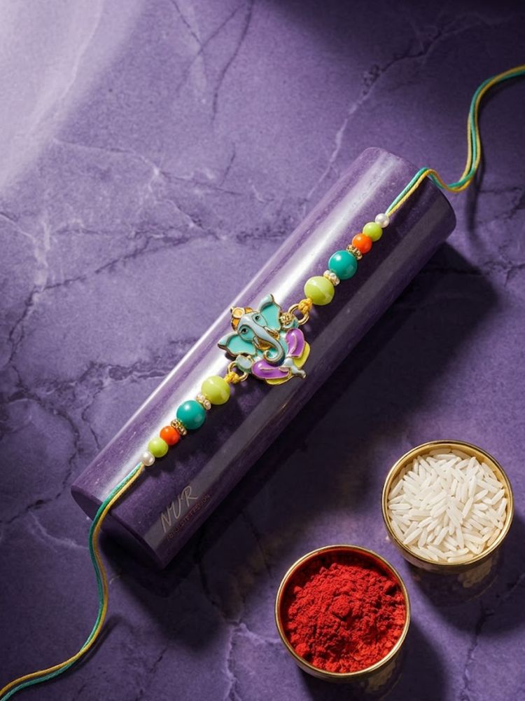 NVR Multicolor Artificial Beads Ganesh Ji Thread Rakhi With Roli Chawal Chandan Mishri