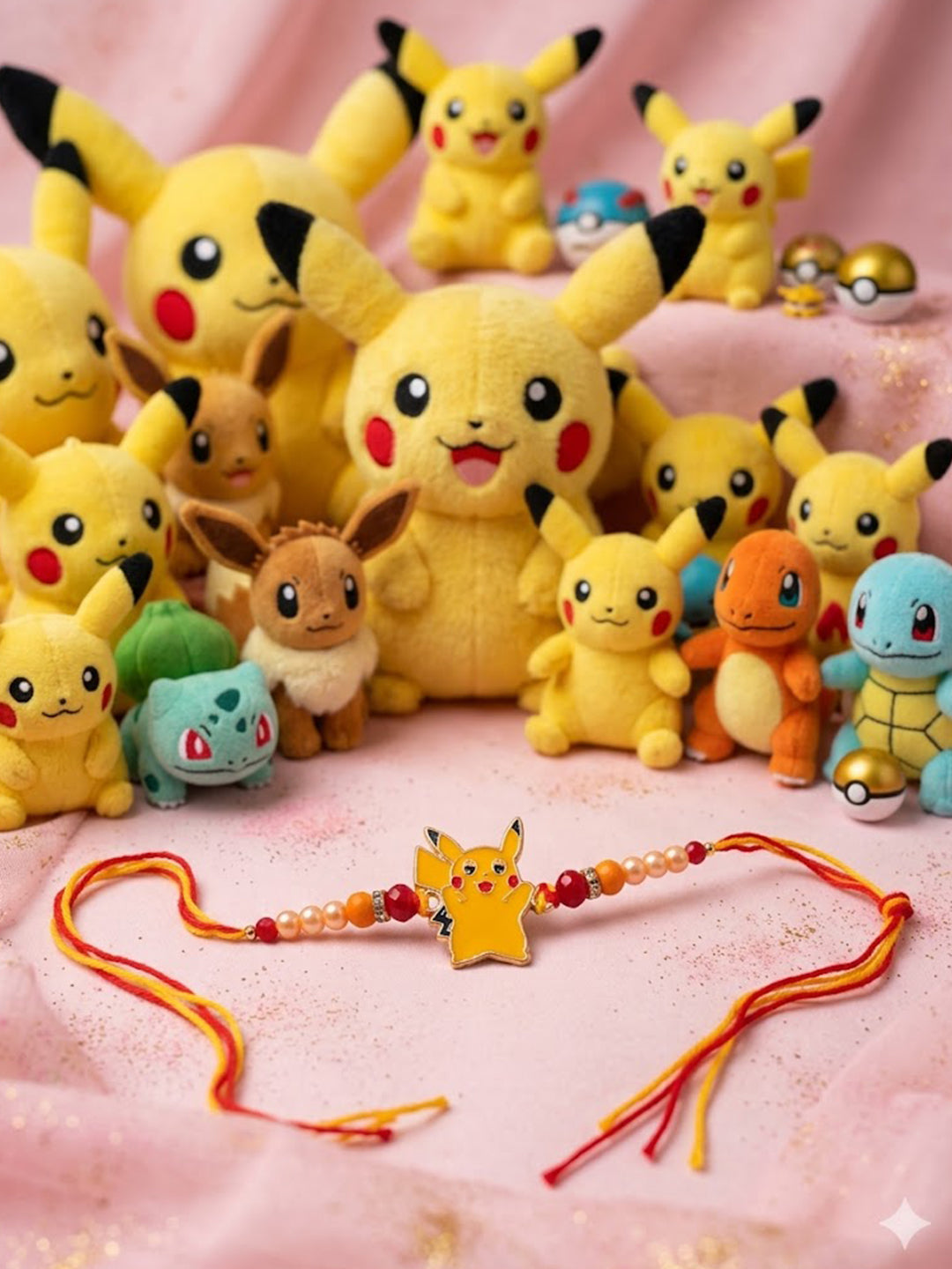 NVR Kids Pikachu Pokemon Cartoon Yellow & Red Thread Rakhi with Roli Chawal Chandan Mishri