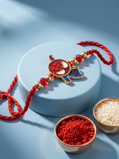 NVR Kids Spider Man Character Artificial Beads Thread Rakhi with Roli Chawal Chandan
