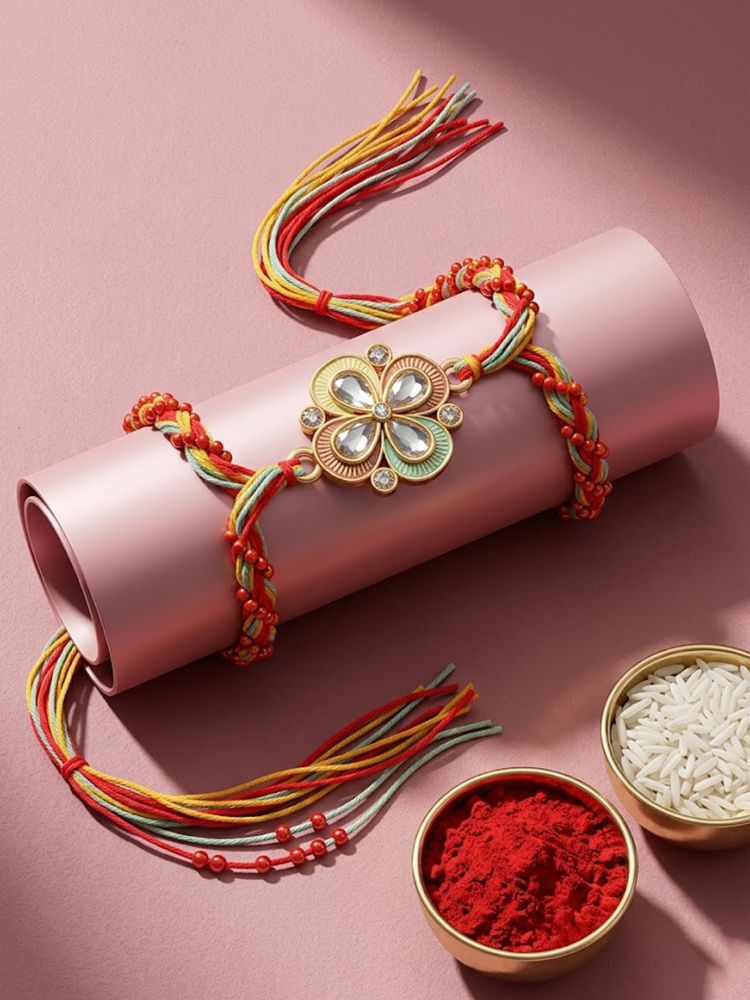 NVR Traditional Artificial Stones Thread Rakhi with Roli Chawal Chandan Mishri