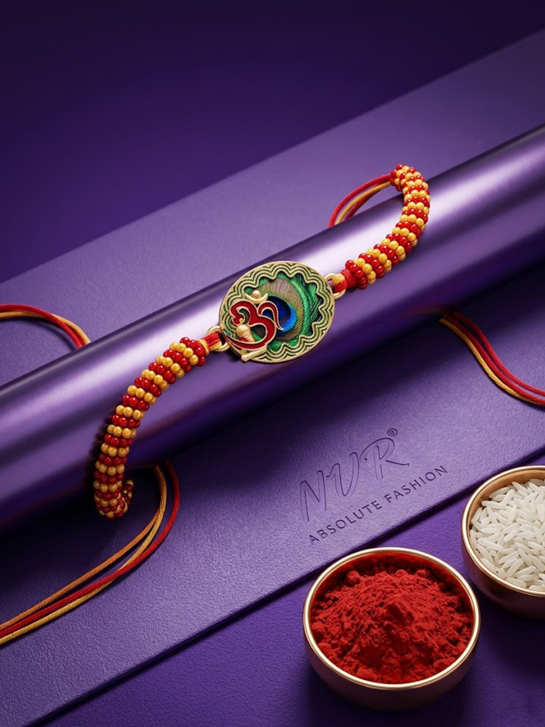 NVR Om Motif Divine Religious Thread Rakhi with Roli Chawal Chandan Mishri