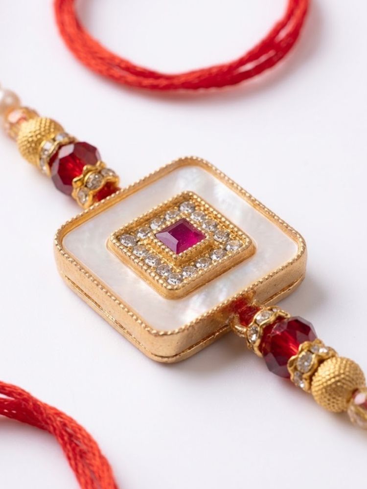 NVR Square Design Multicolor Artificial Stones & Pearls Thread Rakhi With Roli Chawal