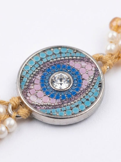 NVR Round Artificial Stones & Beads Brown Thread Rakhi With Roli Chawal Chandan Mishri