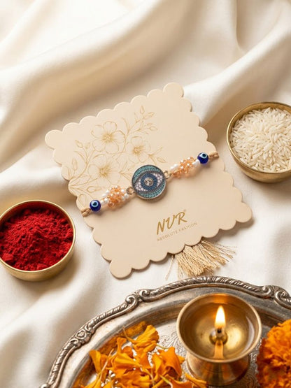 NVR Round Artificial Stones & Beads Brown Thread Rakhi With Roli Chawal Chandan Mishri