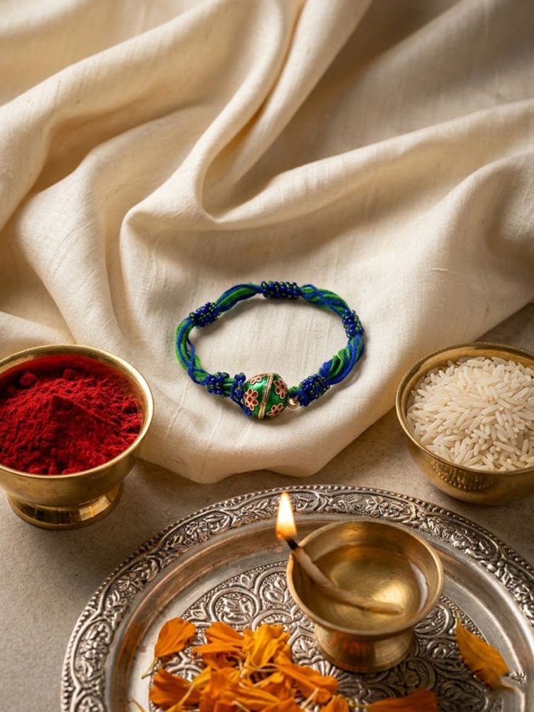 NVR Magnetic Opening Blue Meenakari Work Thread Rakhi with Roli Chawal Chandan Mishri