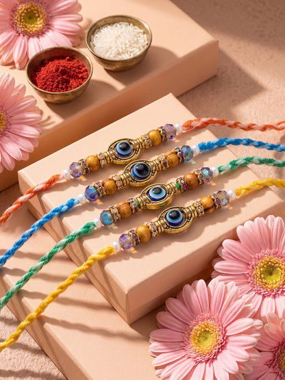 NVR Set of 4 Multicolor Evil Eye Thread Rakhi with Roli Chawal Chandan Mishri