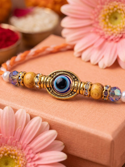 NVR Set of 4 Multicolor Evil Eye Thread Rakhi with Roli Chawal Chandan Mishri