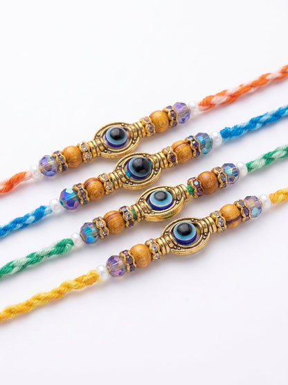 NVR Set of 4 Multicolor Evil Eye Thread Rakhi with Roli Chawal Chandan Mishri