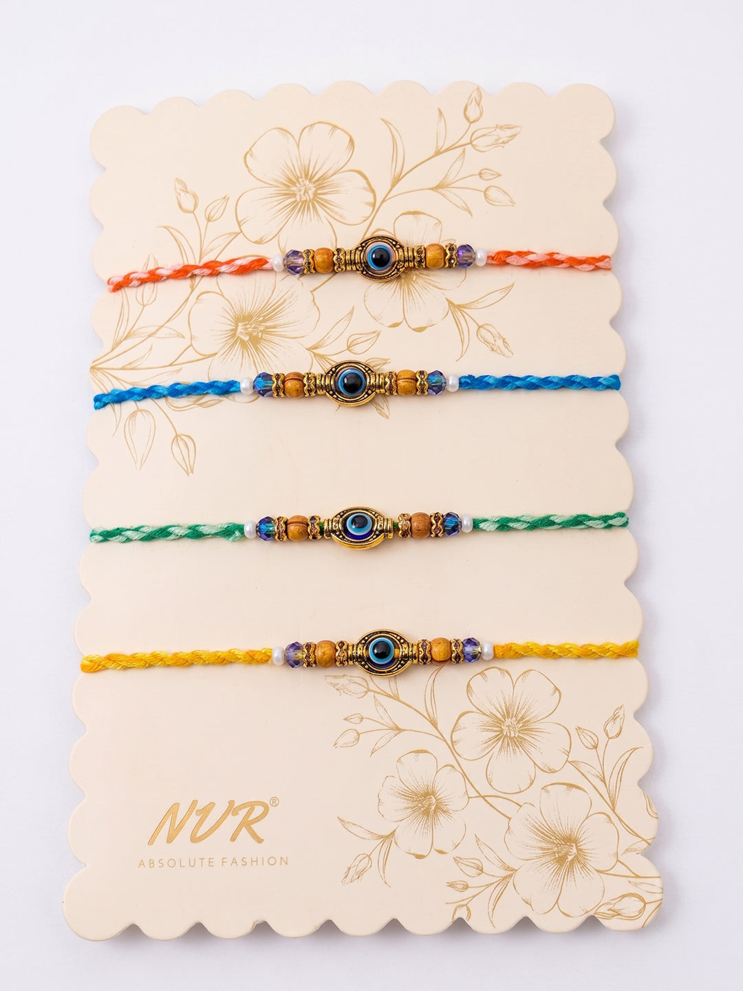 NVR Set of 4 Multicolor Evil Eye Thread Rakhi with Roli Chawal Chandan Mishri