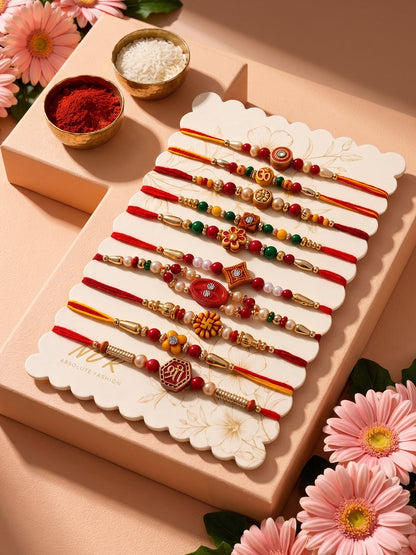 NVR Set of 10 Artificial Stones & Beads Thread Rakhi with Roli Chawal Chandan Mishri