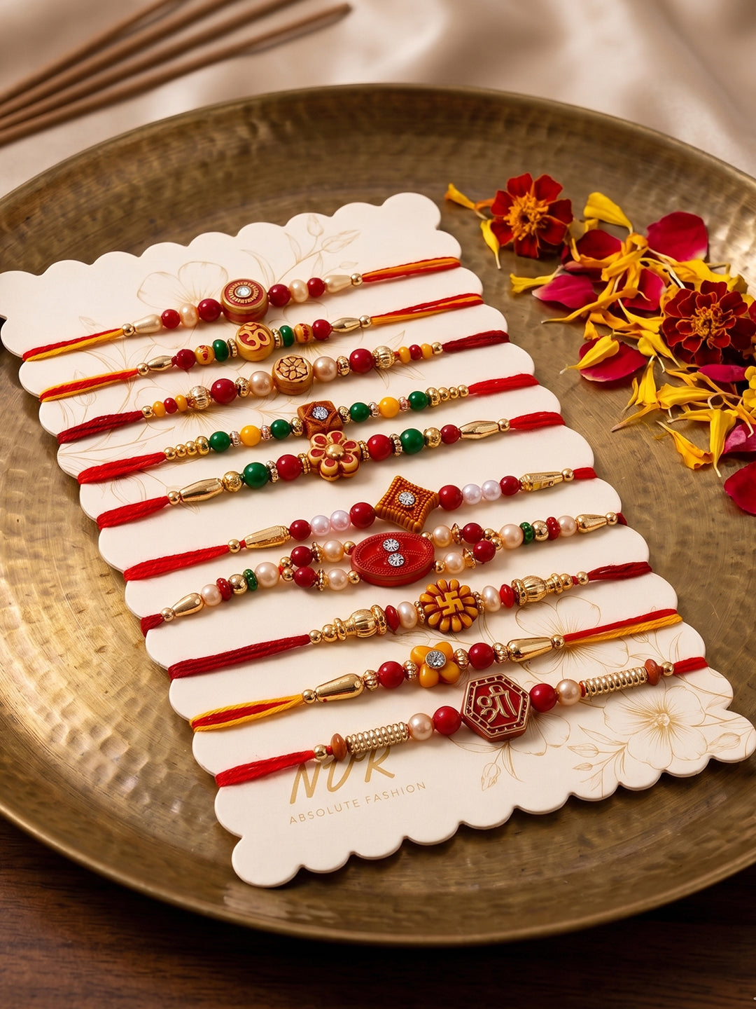NVR Set of 10 Artificial Stones & Beads Thread Rakhi with Roli Chawal Chandan Mishri
