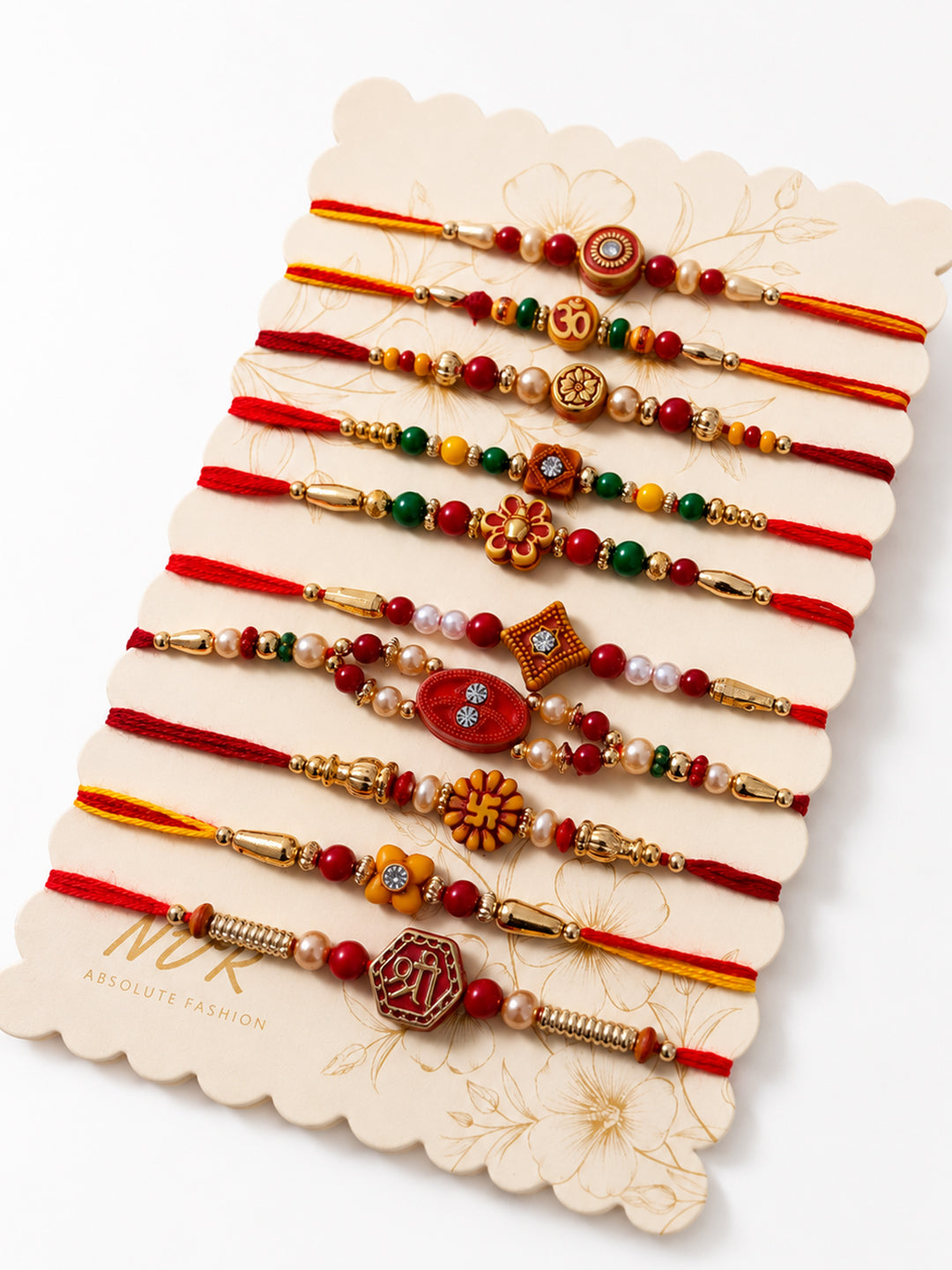 NVR Set of 10 Artificial Stones & Beads Thread Rakhi with Roli Chawal Chandan Mishri