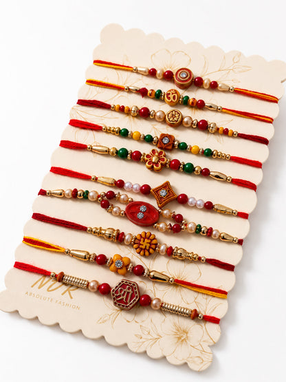 NVR Set of 10 Artificial Stones & Beads Thread Rakhi with Roli Chawal Chandan Mishri