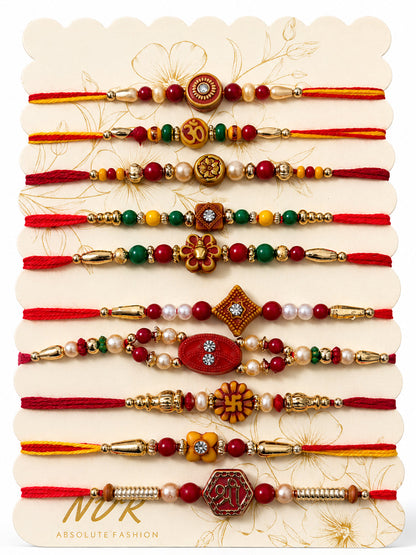 NVR Set of 10 Artificial Stones & Beads Thread Rakhi with Roli Chawal Chandan Mishri