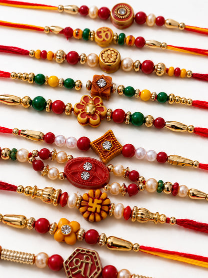 NVR Set of 10 Artificial Stones & Beads Thread Rakhi with Roli Chawal Chandan Mishri