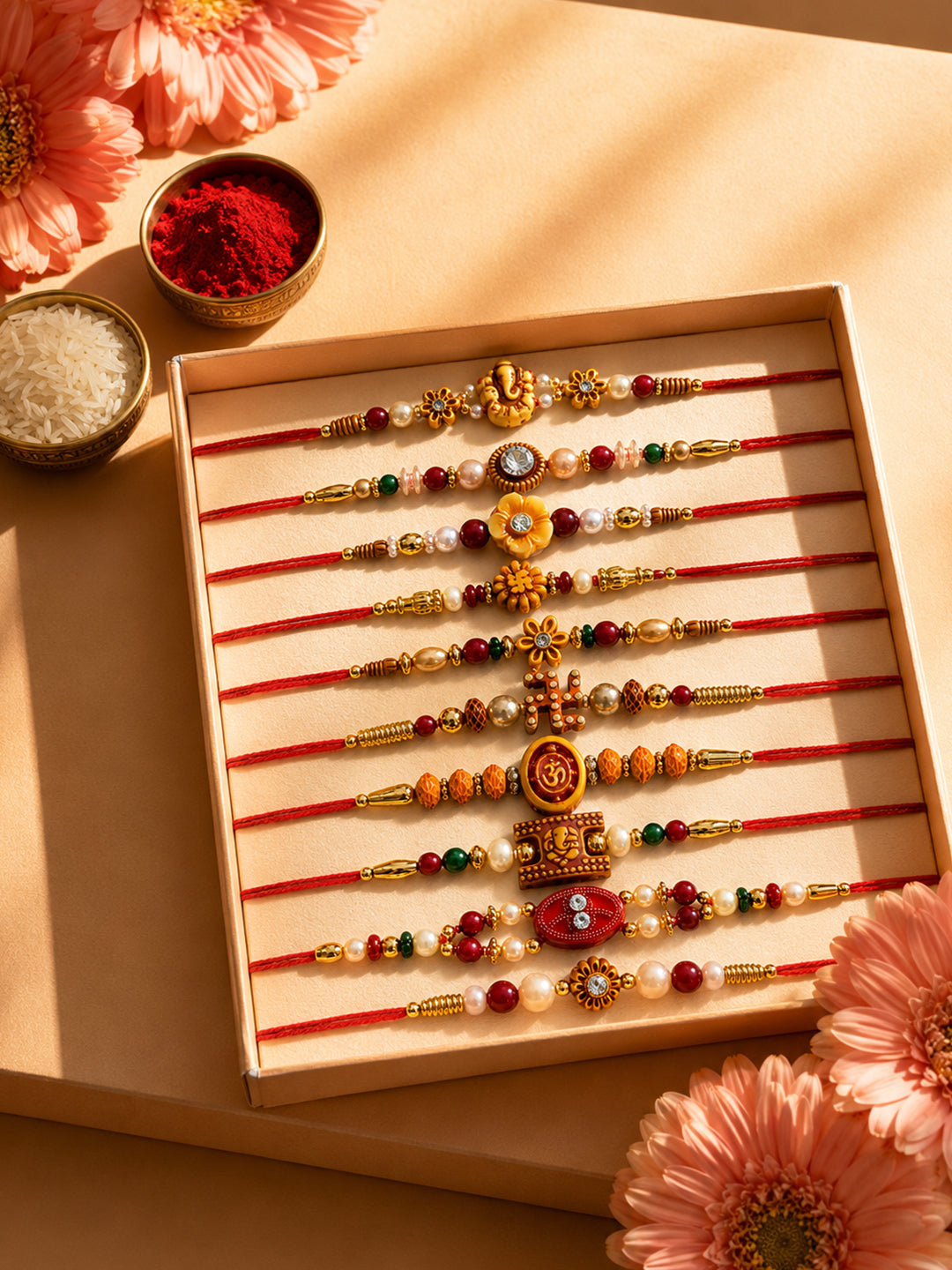 NVR Set of 10 Artificial Stones & Beads Thread Rakhi with Roli Chawal Chandan Mishri