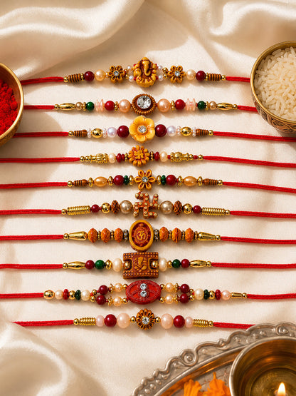 NVR Set of 10 Artificial Stones & Beads Thread Rakhi with Roli Chawal Chandan Mishri