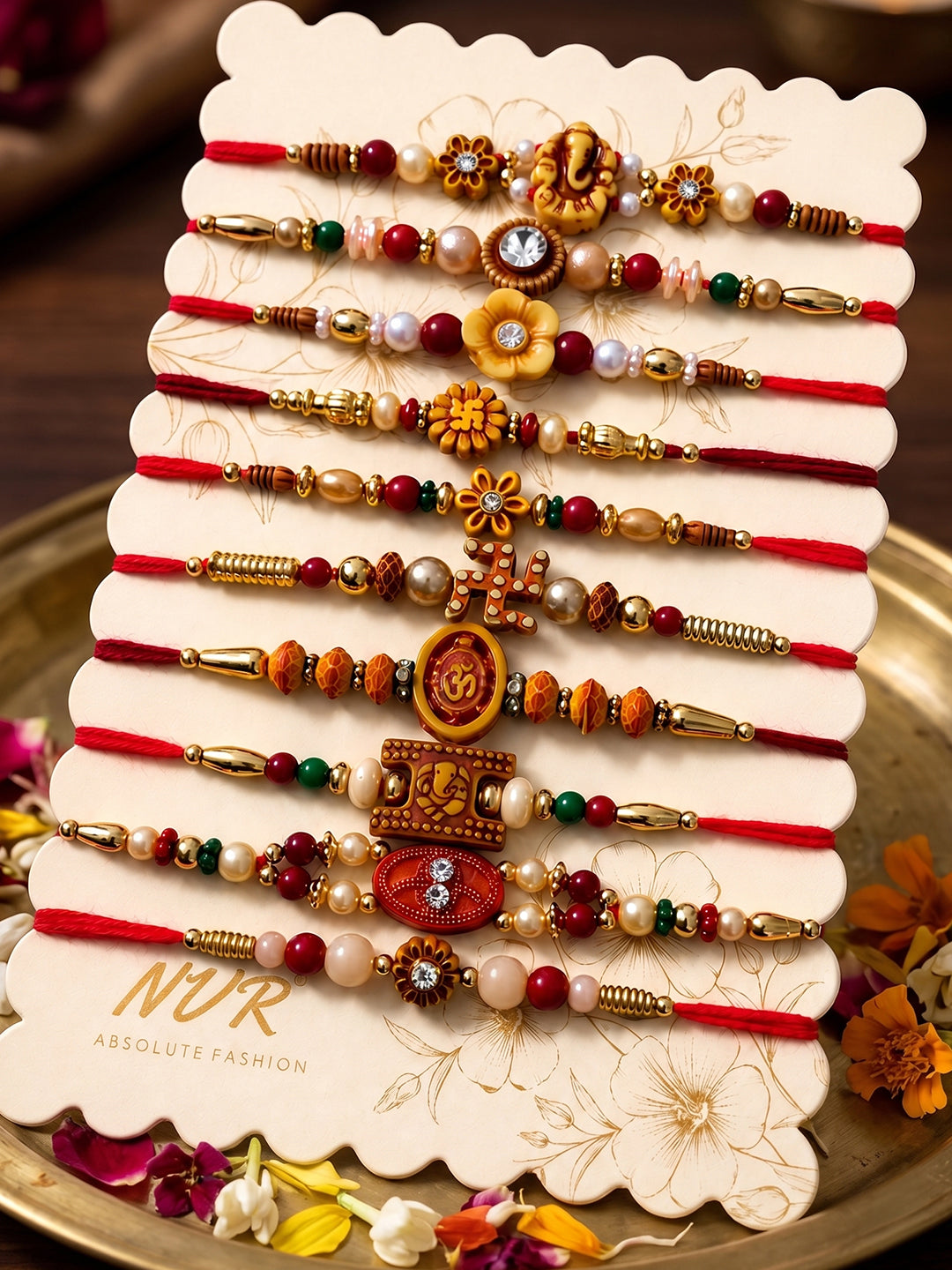 NVR Set of 10 Artificial Stones & Beads Thread Rakhi with Roli Chawal Chandan Mishri