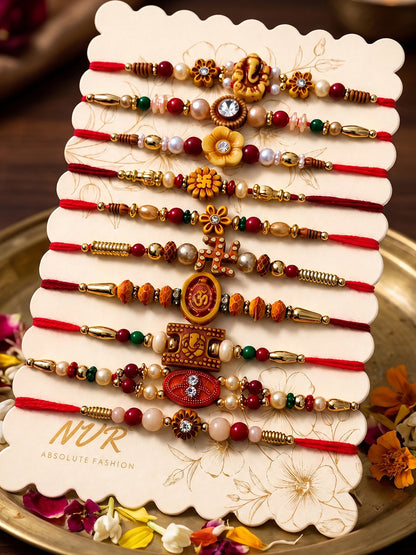 NVR Set of 10 Artificial Stones & Beads Thread Rakhi with Roli Chawal Chandan Mishri